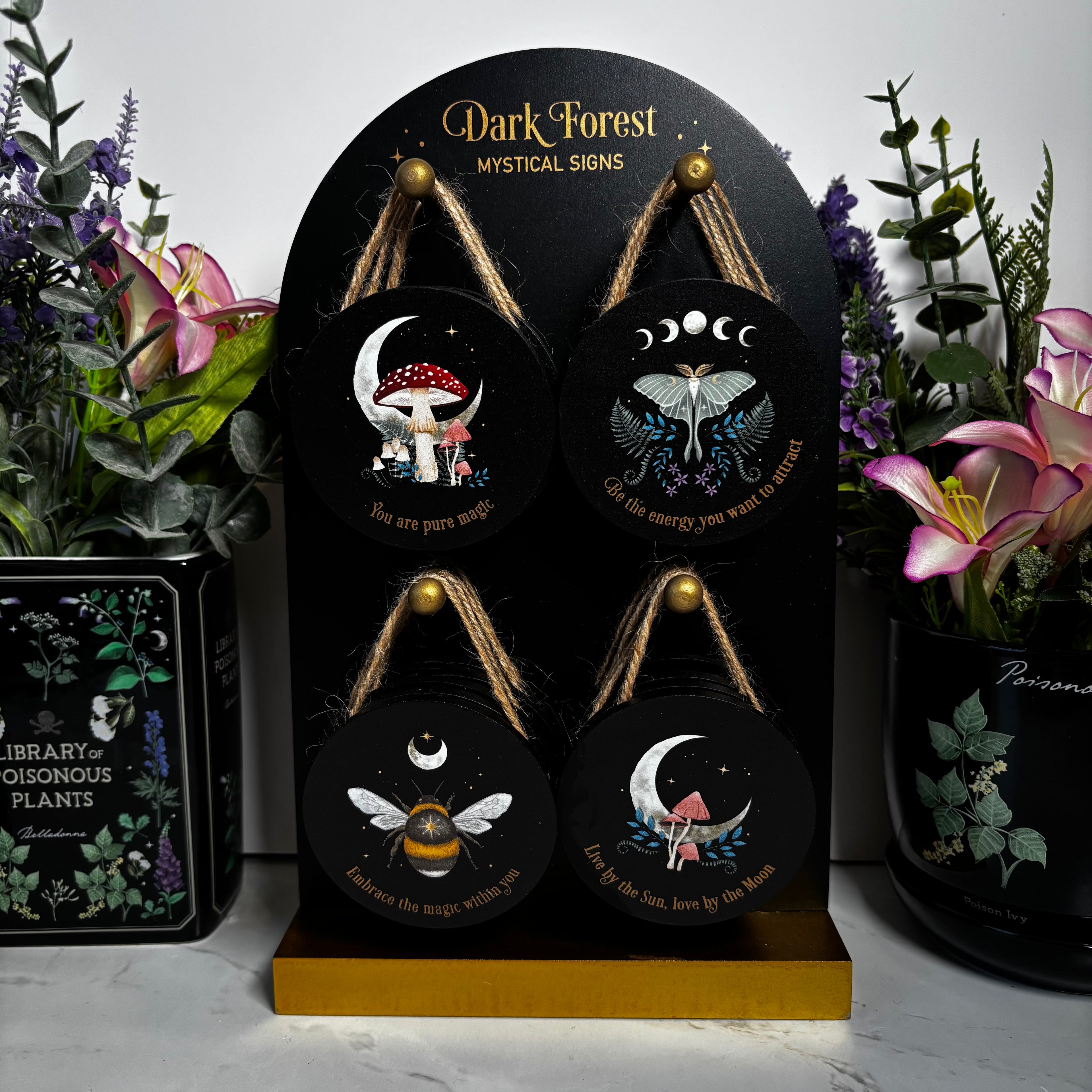 Dark forest mystical wooden signs