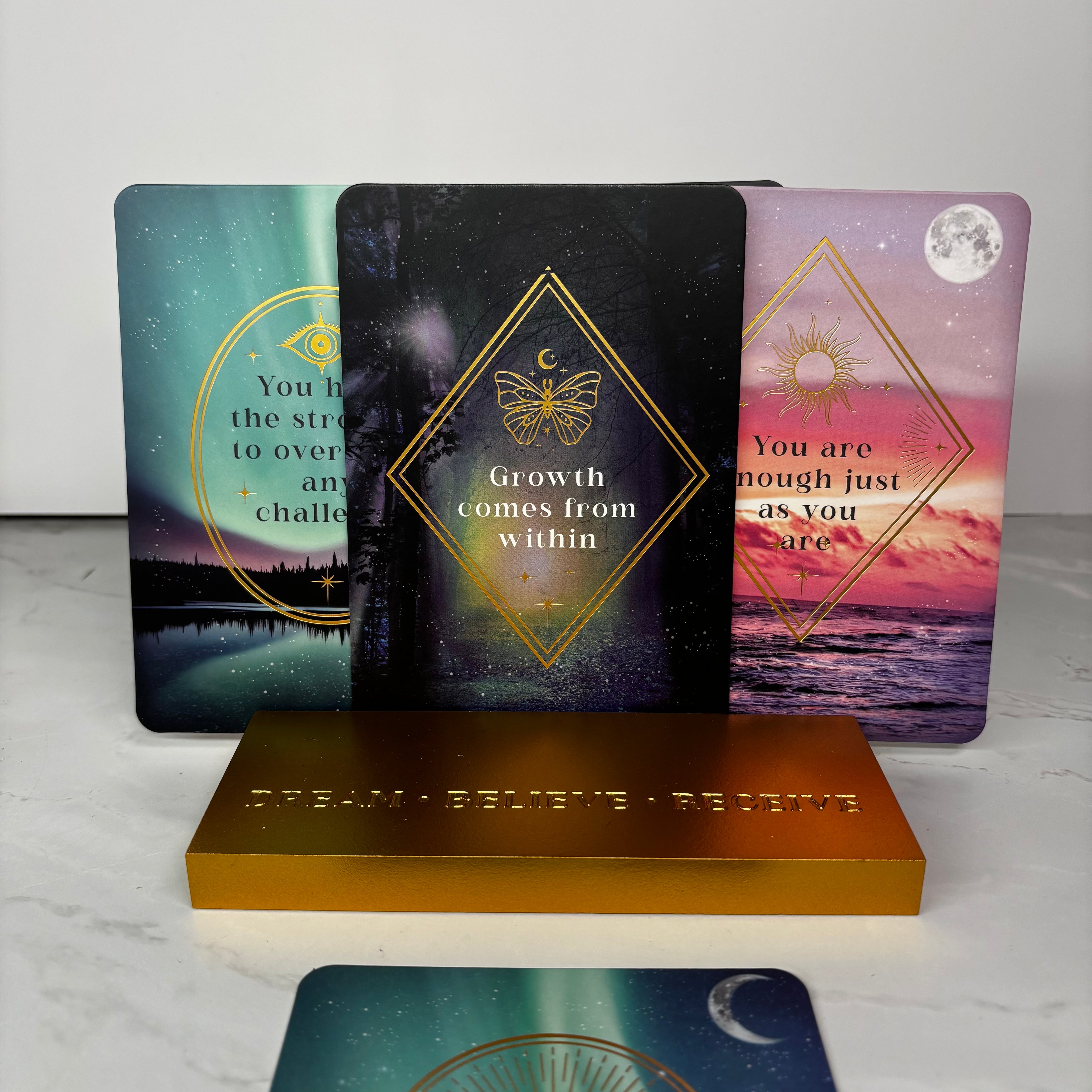 Celestial affirmation cards and stand