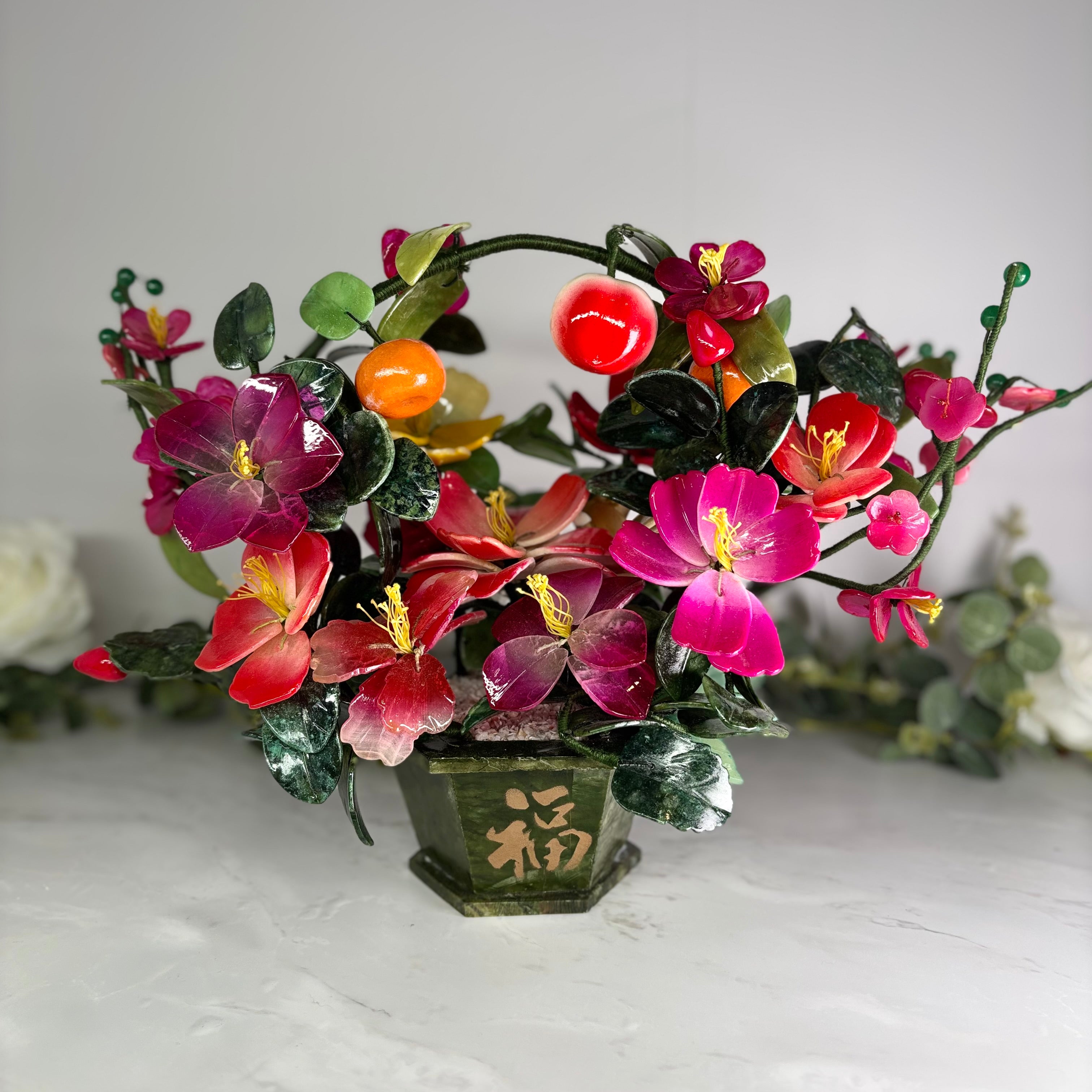 Green jade and porcelain flower basket